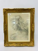 RUBENS SCHOOL GILT FRAMED PORTRAIT CHARCOAL 39 X 29.