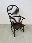 AN ELM SEATED STICK BACK WINDSOR STYLE ELBOW CHAIR