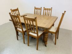 EDWARDIAN SOLID OAK EXTENDING DINING TABLE AND SIX OAK DINING CHAIRS (TABLE 104CM X 105CM - 147CM