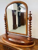 A LARGE VICTORIAN MAHOGANY VANITY MIRROR WITH CANDY TWIST SUPPORTS W 74CM,