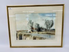 FRAMED WATERCOLOUR "L. MOORE" "UPTON DYKE" - H 37CM X W 55CM.