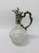 ELEGANT CUT GLASS CLARET JUG WITH PLATED TOP AND HANDLE