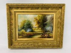FRAMED AND MOUNTED OIL ON BOARD RIVER WITH CATTLE SCENE 20CM X 29CM