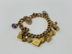 A 9CT GOLD CHARM BRACELET WITH PADLOCK CLASP AND 12 9CT GOLD CHARMS ATTACHED PLUS TWO OTHERS