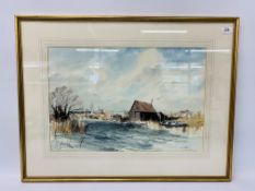 FRAMED WATERCOLOUR "L. MOORE" "CANDLE DYKE" - H 37CM X W 55CM.