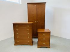 A STAG CHERRYWOOD FINISH THREE PIECE BEDROOM SUITE COMPRISING OF DOUBLE WARDROBE W 104CM, H 200CM,