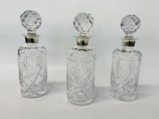 ROYAL DOULTON CUT GLASS DECANTER WITH SILVER COLLAR - BIRMINGHAM ASSAY - TOGETHER WITH A PAIR OF