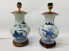 PAIR OF ORIENTAL BLUE AND WHITE TABLE LAMP BASES OF BALUSTER FORM DECORATED WITH FIGURES UPON HORSE