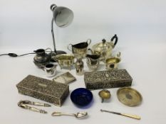 BOX OF PLATED WARE TO INCLUDE 3 PIECE TEASET, CIGARETTE CASE,