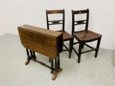 A PAIR OF PERIOD MAHOGANY HARD SEATED SIDE CHAIRS ALONG WITH AN EDWARDIAN MAHOGANY OCCASIONAL TABLE