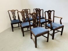 A SET OF SEVEN MAHOGANY CHIPPENDALE STYLE DINING CHAIRS (SIX SIDE,