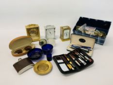 BOX OF COSTUME JEWELLERY AND COLLECTIBLES TO INCLUDE HIP FLASK, PENS, 3 CARRIDGE CLOCKS (1 A/F),