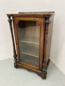 A VICTORIAN BURR WALNUT FINISH GLAZED CABINET W 64CM, D 42CM,