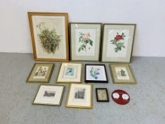 BOX OF 9 PICTURES AND PRINTS TO INCLUDE 2 X ETCHINGS, PAIR OF VINTAGE FASHION RELATED BOOK PLATES,