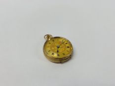 A 9CT GOLD CASED LADIES FOB WATCH SWISS MOVEMENT CHASED DECORATED TO CASE
