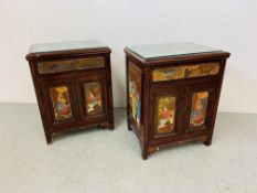 A PAIR OF REPRODUCTION ORIENTAL DECORATED SINGLE DRAWER BEDSIDE CABINETS EACH W 50CM. D 39CM.