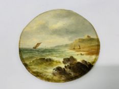 UNFRAMED CIRCULAR OIL ON BOARD SEASCAPE, BEARING SIGNATURE J. MOORE - D 21.5CM.