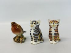 TWO ROYAL CROWN DERBY CATS PLUS BESWICK BIRD