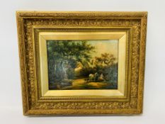 FRAMED AND MOUNTED CHARLES GREVILLE MORRIS OIL ON BOARD PEASANTS COTTAGE WITH FIGURES 18.