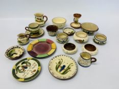 19 PIECES OF TORQUAY WARE TO INCLUDE CANDLE STICK, JUGS,