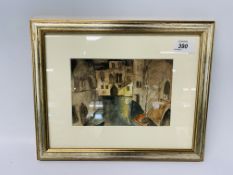 FRAMED WATERCOLOUR "CANAL AT NIGHT" BEARING SIGNATURE KIRIL SOKOLOV 1974 - H 12.5CM X W 18.5CM.