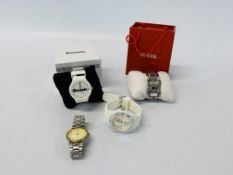 FOUR WRIST WATCHES TO INCLUDE GUESS, BENCH, ICE,