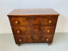 A VICTORIAN FLAMED MAHOGANY FINISH THREE DRAWER CHEST STANDING ON TURNED FOOT W 90CM, D 44CM,