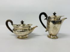 SILVER TEAPOT AND HOT WATER JUG A/F ENGRAVED WITH MONOGRAM M.C. SHEFFIELD ASSAY - H 12.