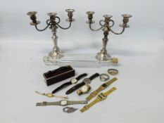 PAIR OF SILVER PLATED 3 BRANCH CANDELABRA, SWALLOW SKIPPER 25 X 30MM TELESCOPE,