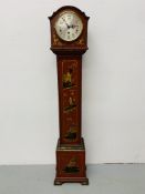 AN ORIENTAL DECORATED GRANDMOTHER CLOCK WITH WESTMINSTER CHIME - HEIGHT 136CM.