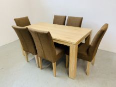 A MODERN QUALITY LIMED LIGHT OAK EFFECT FINISH DINING TABLE COMPLETE WITH A SET OF SIX BROWN