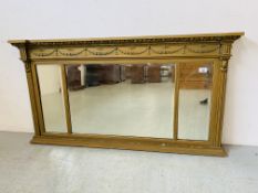 A C20TH TRYPTIC OVERMANTEL MIRROR W 124CM,