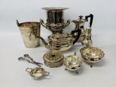 BOX OF PLATED WARE TO INCLUDE TEA AND COFFEE POT, TEA STRAINER, SUGAR BOWL AND CREAM,