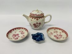 3 X PIECES OF CHINESE EXPORT PORCELAIN TO INCLUDE TEAPOT A/F AND PAIR OF SAUCERS ALONG WITH A BLUE