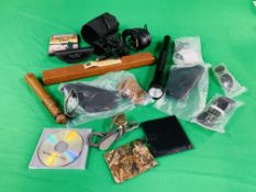 A BOX CONTAINING VARIOUS KNIFE AND PISTOL HOLDERS, PRIEST, WEBLEY, SHOT GUN CLEANING KIT (410),