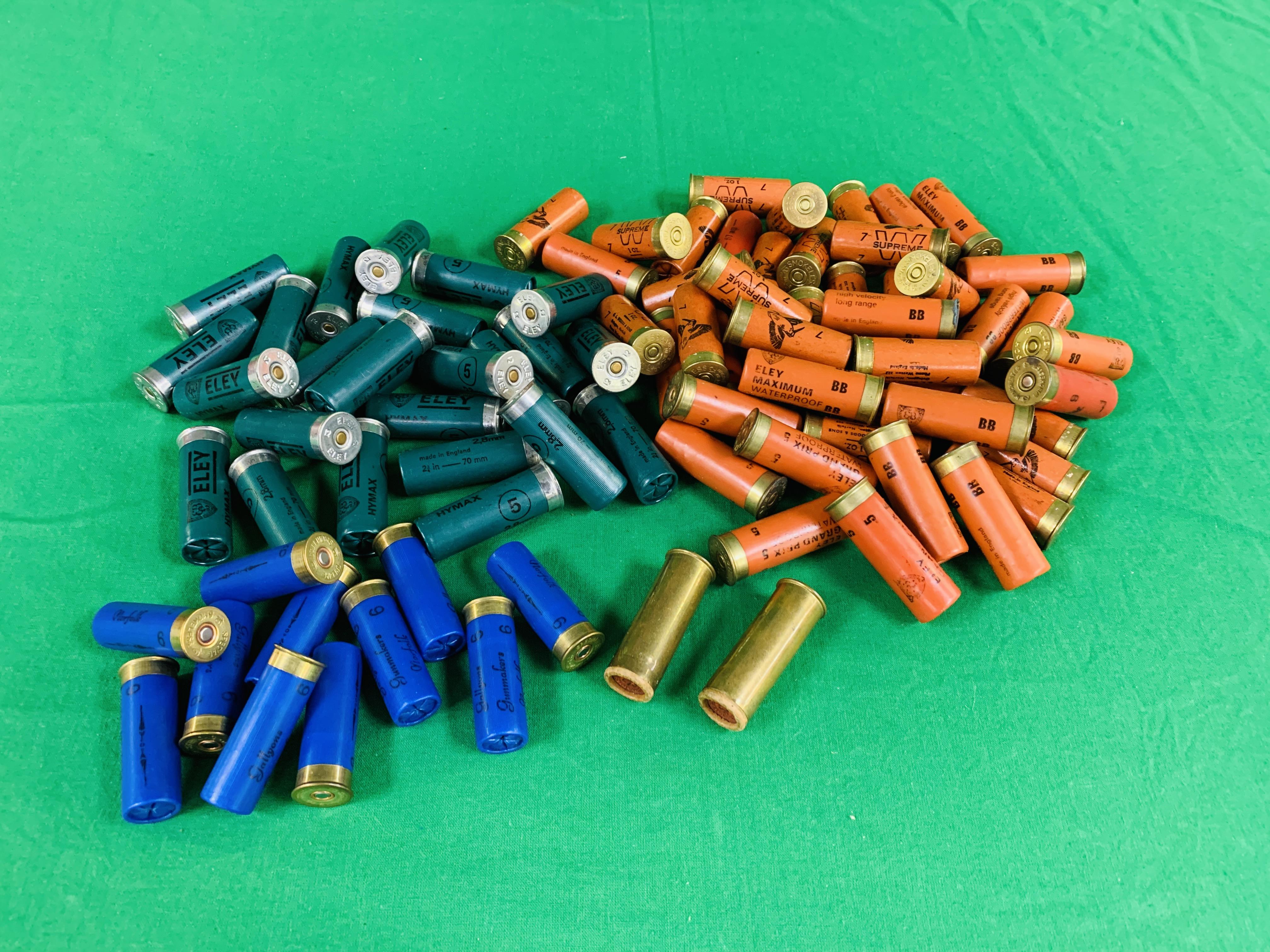 A BOX CONTAINING A COLLECTION OF APPROX 85 MIXED CARTRIDGES TO INCLUDE MAINLY 12G & SOME 16G (ELEY