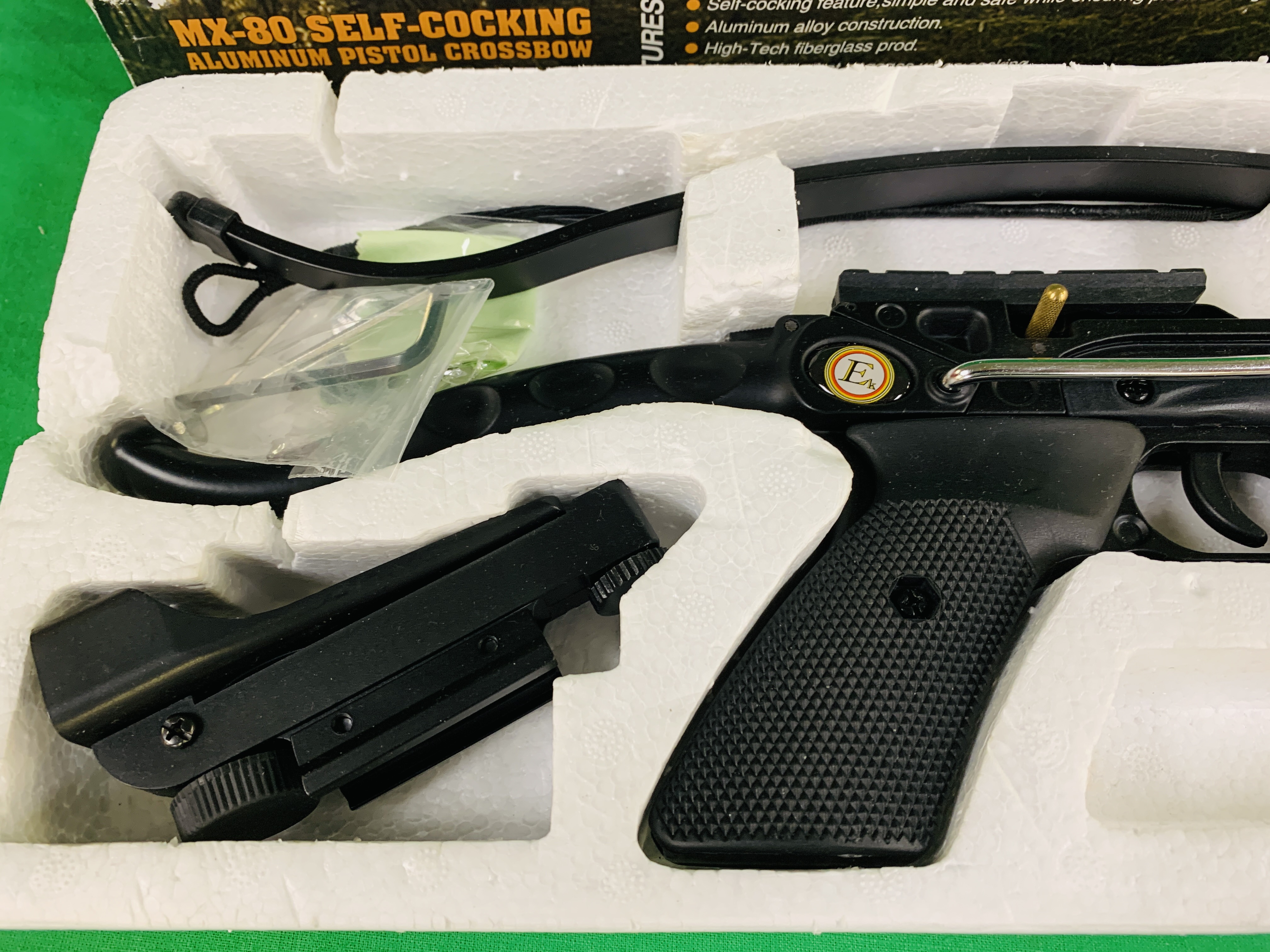 A MX-80 SELF COCKING ALUMINIUM PISTOL CROSSBOW COMPLETE WITH BOLTS BOXED AS NEW - (ALL GUNS TO BE - Image 2 of 5