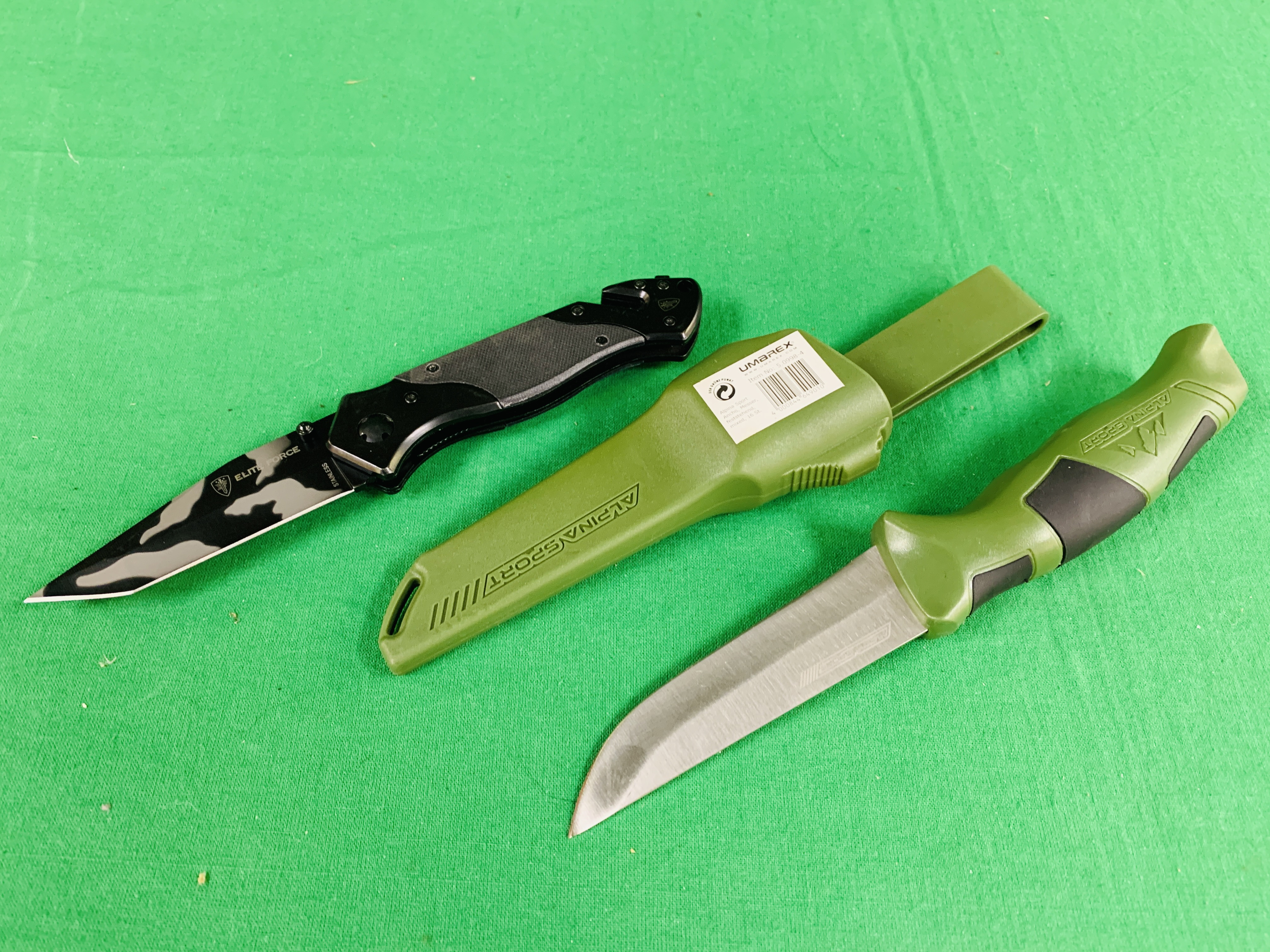 AN ELITE FORCE POCKET KNIFE AND UMAREX ALPINA SPORT KNIFE IN SHEATH - COLLECTION ONLY