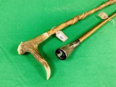 TWO WALKING STICKS ONE WITH HORN ONE WITH ANTLER HANDLE