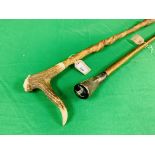 TWO WALKING STICKS ONE WITH HORN ONE WITH ANTLER HANDLE