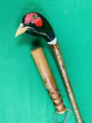 HAND CARVED AND PAINTED "COCK PHEASANT" WALKING STICK AND HAND TURNED PRIEST