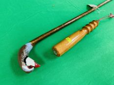HAND CARVED AND PAINTED "RED LEG PARTRIDGE" WALKING STICK AND HAND TURNED PRIEST