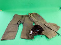 PAIR OF WISEWEAR AND MASCOT WATERPROOF WAXED LEGGINGS AND 2 WAXED HOODS INCLUDE BARBOUR AND