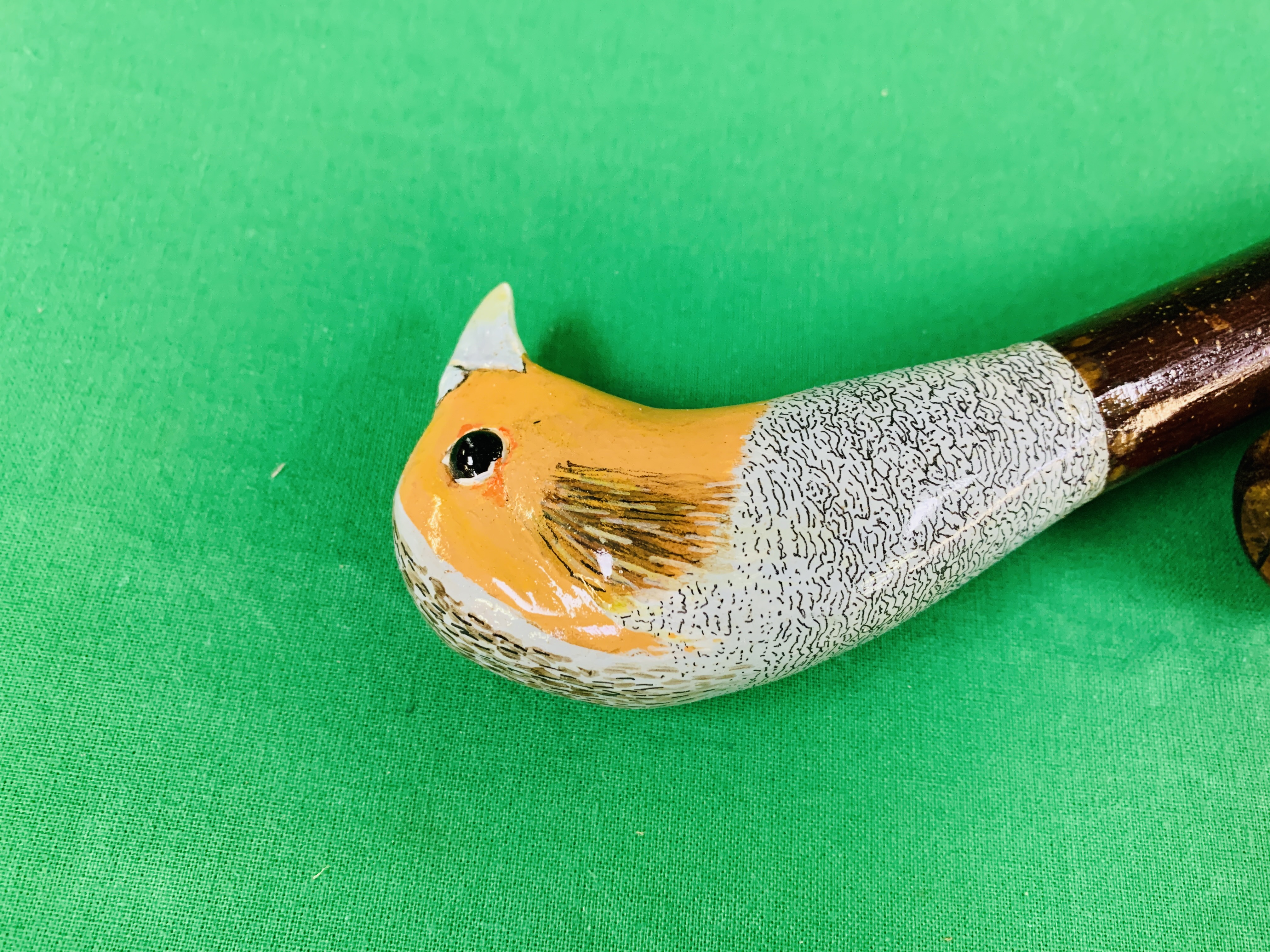 HAND CARVED AND PAINTED "GREY PARTRIDGE" WALKING STICK AND HAND TURNED PRIEST - Image 4 of 6