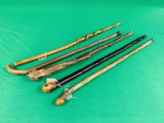 FIVE VARIOUS WALKING STICKS