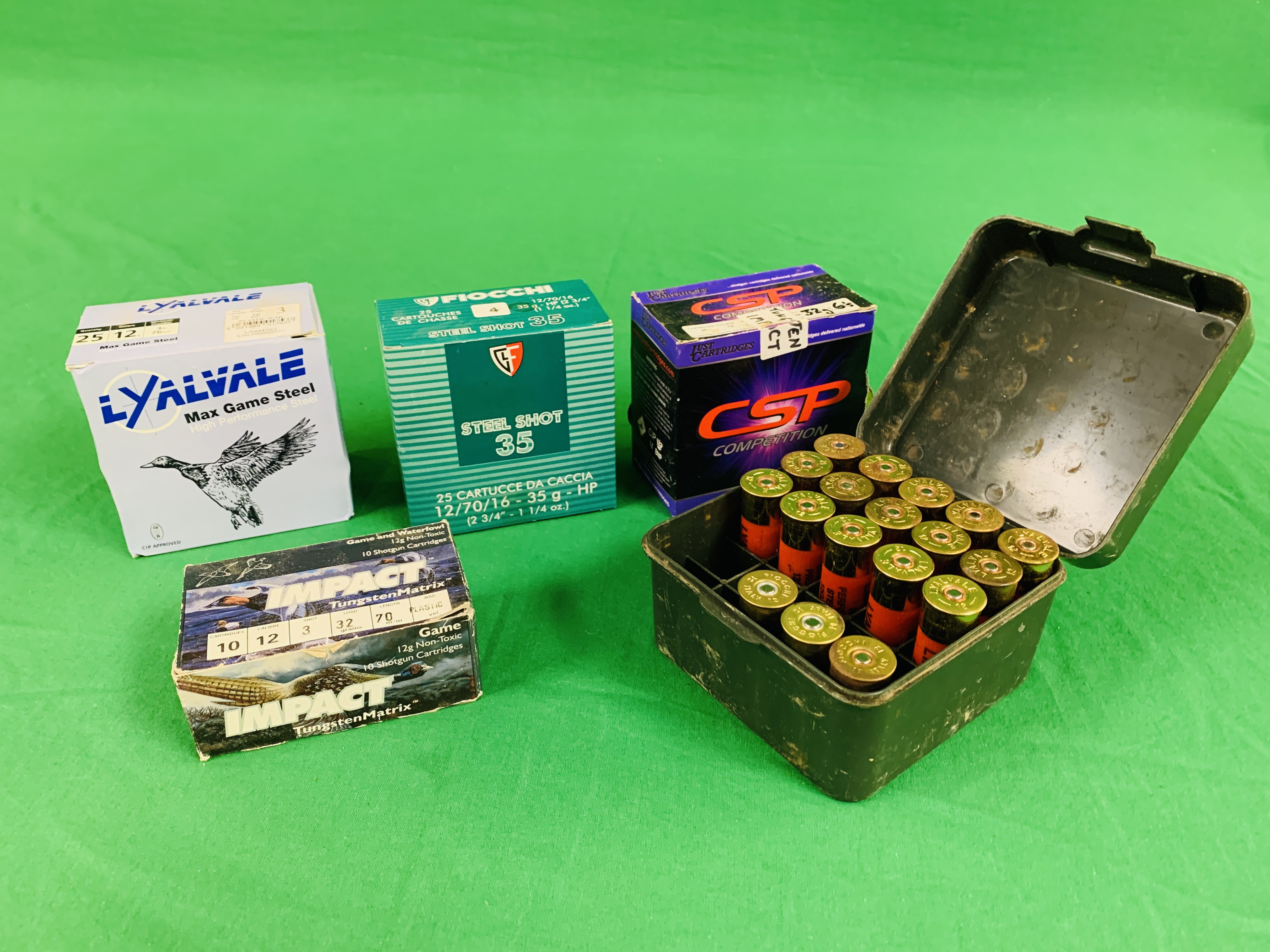 BOX CONTAINING MIXED 12G CARTRIDGES TO INCLUDE TUNGSTEN IMPACT 32GRM LOAD NO. 6 (25) 32GRM NO.