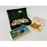 JEWELLERY BOX AND CONTENTS ALONG WITH A VINTAGE GLASS NECKLACE, SNAKE BANGLE,