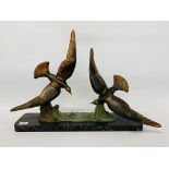 ART DECO BRONZE STUDY OF FLYING BIRDS ON A MARBLE BASE - L 60CM X H 47CM.