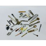 BOX OF VINTAGE COLLECTIBLES TO INCLUDE POCKET / FRUIT KNIVES, NUT CRACKERS, SILVER PENCIL HOLDER,