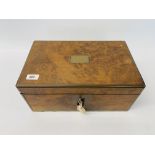 A BRASS BOUND VICTORIAN WRITING BOX, BURR WALNUT VENEERED FINISH,